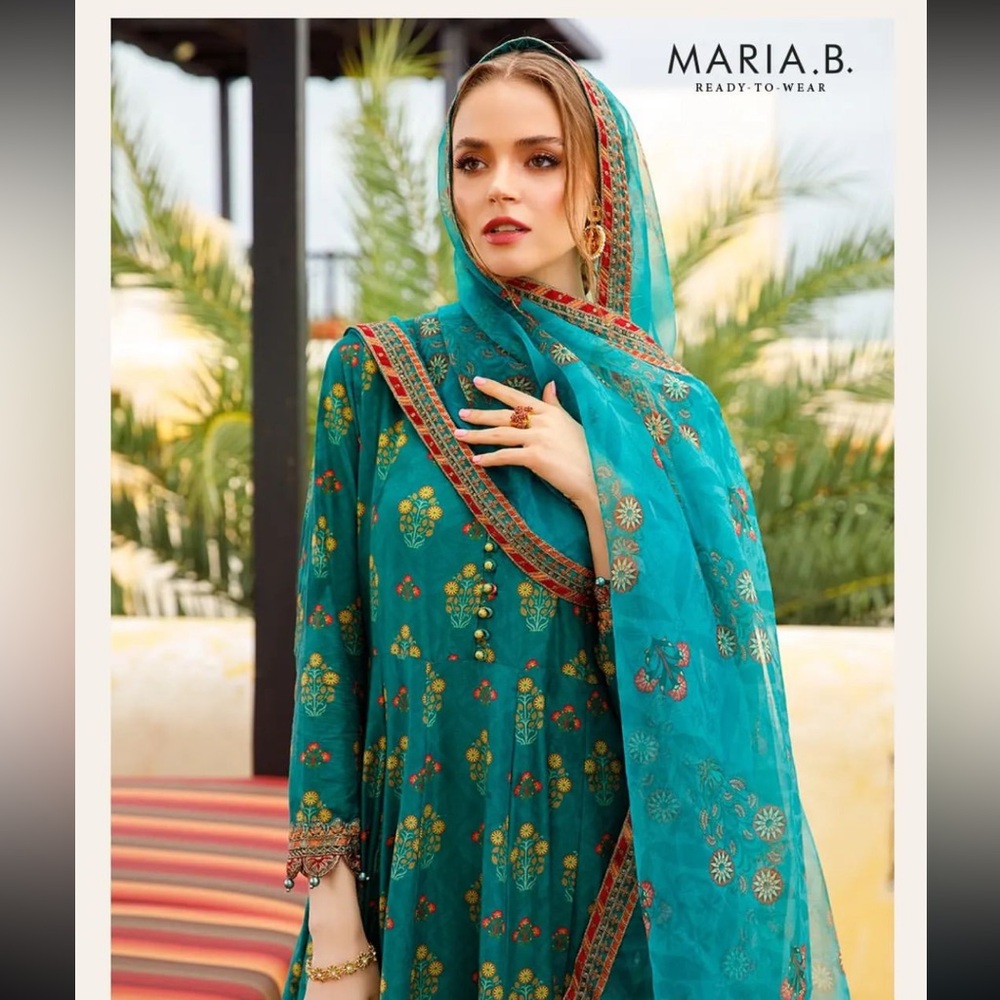 Maria. B. Green Embroidered Anarkali Suit With Matching Dupatta